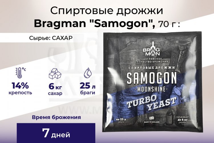 Спиртовые дрожжи Bragman "Samogon", 70 г купить - МирБир